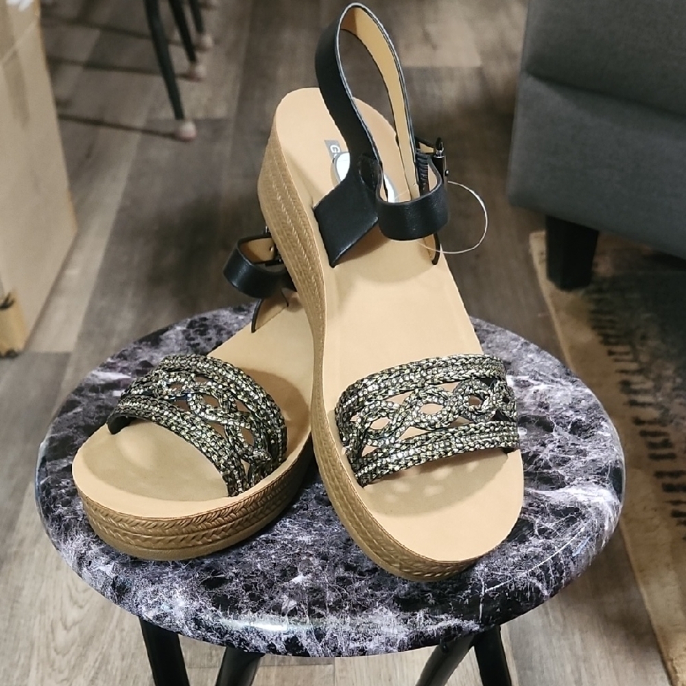 Woven Black and Tan Platform Wedge Sandals